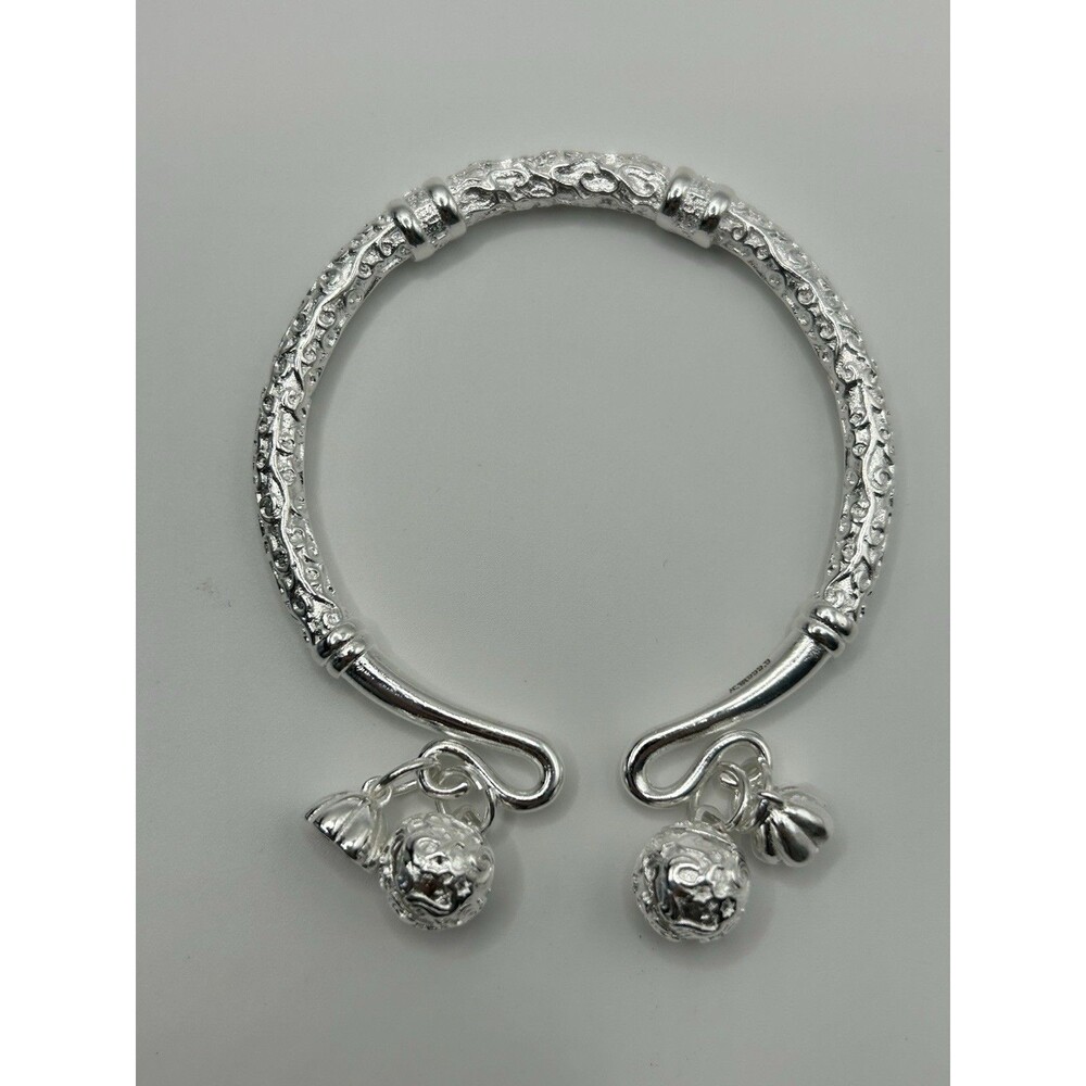 Silver Open Cuff Bracelet | 44g Stamped Solid .999 Silver | Bell Charm Bangle